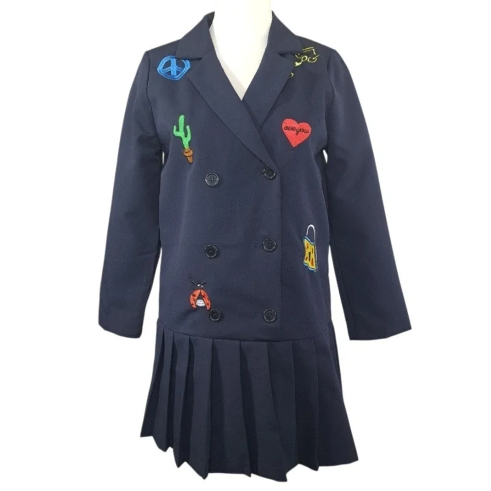 Blanc Jo Studio Blazer‎ Dress Medium Blue Embroidered Double Breasted Pleated